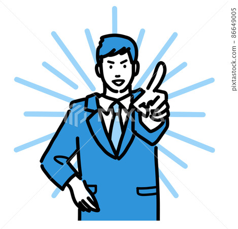 一個穿著西裝的年輕人用手指指著前面 86649005