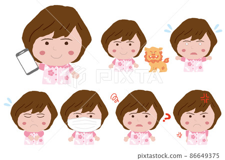 A young woman wearing Okinawan Kariyushi shirts in various poses 86649375