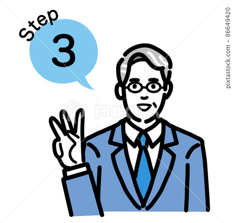 Step 3 A middle-aged man wearing glasses wearing a suit explaining the process Step 3 A middle-aged man wearing glasses wearing a suit explaining the process 86649420