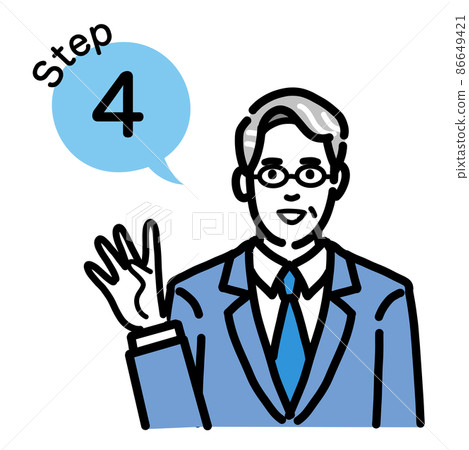 Step 4 A middle-aged man wearing glasses wearing a suit explaining the process Step 4 A middle-aged man wearing glasses wearing a suit explaining the process 86649421