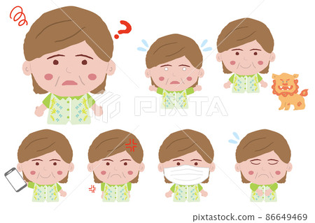 Middle-aged women wearing Okinawa Kariyushi shirts are in various poses 86649469