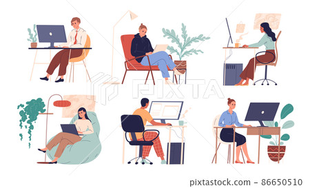 Set of people working with laptops and computers. 86650510