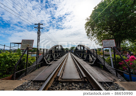 Railway on a Bridge over the River Kwai, Kanchanaburi, Thailand. 86650990
