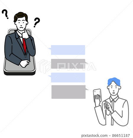 在智能手機上與男性稅務會計師聊天的人的線路 一張簡單圖片的矢量圖 在智能手機上與男性稅務會計師聊天的人的線路 一張簡單圖片的矢量圖 86651187