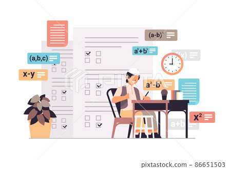 arab schoolboy making homework little boy studying solving mathematical examples back to school education 86651503