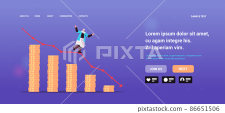 arab businesswoman standing on downward red arrow recession financial crisis bankruptcy concept 86651506