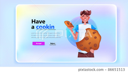 woman holding cookie protection of personal information internet web pop up we use cookies policy notification woman holding cookie protection of personal information internet web pop up we use cookies policy notification 86651513