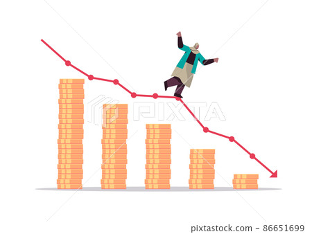 arab businesswoman standing on downward red arrow recession financial crisis bankruptcy concept arab businesswoman standing on downward red arrow recession financial crisis bankruptcy concept 86651699