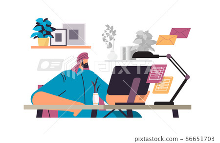 arab businessman freelancer sitting at workplace arabic business man looking in computer monitor working process arab businessman freelancer sitting at workplace arabic business man looking in computer monitor working process 86651703