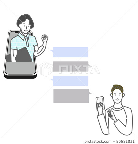 在智能手機上在線諮詢私人教練的人的線路 一張簡單圖片的矢量圖 86651831