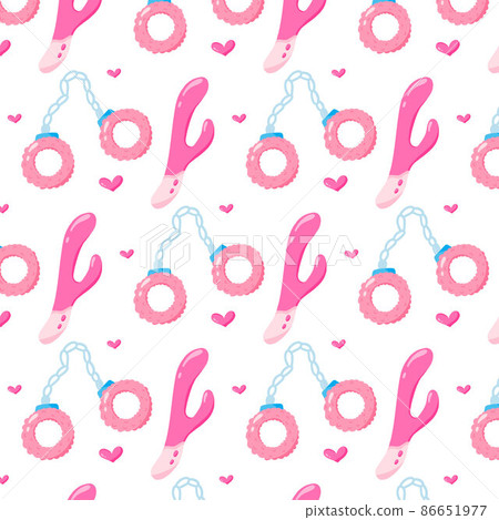 Vector seamless pattern with sex toys. Pattern for sex shop. Pattern with handcuffs and vibrators. 86651977