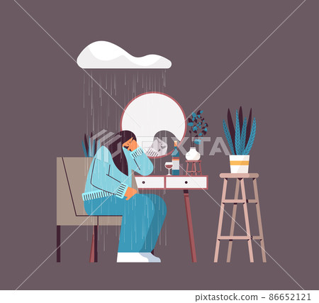 unhappy woman under rain cloud looking at mirror girl feeling desperate mental health diseases depression unhappy woman under rain cloud looking at mirror girl feeling desperate mental health diseases depression 86652121