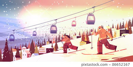 people skiing man woman tourists couple doing activities winter vacation concept sunset snowfall landscape people skiing man woman tourists couple doing activities winter vacation concept sunset snowfall landscape 86652167