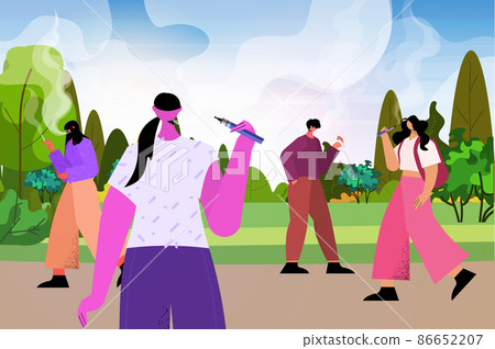 people smoking e-cigarettes in park bad habits unhealthy lifestyle nicotine addiction concept landscape background people smoking e-cigarettes in park bad habits unhealthy lifestyle nicotine addiction concept landscape background 86652207