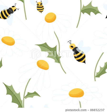 Bee and camomile seamless pattern. Bee and daisies in a kids pattern. Seamless is suitable for print, fabric, wrapping paper, bar and menu decoration. Bee and camomile seamless pattern. Bee and daisies in a kids pattern. Seamless is suitable for print, fabric, wrapping paper, bar and menu decoration. 86652237