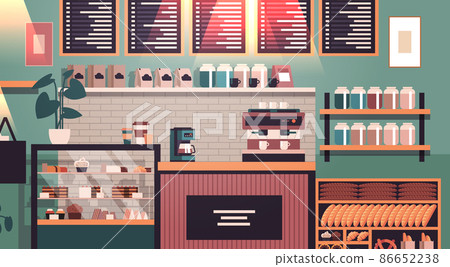 Modern cafe interior empty no people restaurant flat horizontal Modern cafe interior empty no people restaurant flat horizontal 86652238