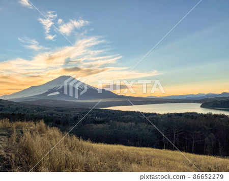 Mt. Fuji, Lake Yamanaka and sunset sky from Panorama Dai, Yamanakako Village, Yamanashi Prefecture 86652279