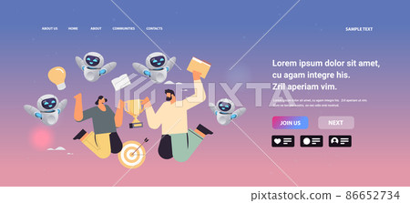 businesspeople with robots holding golden trophy cup business competition challenge goal achievement artificial intelligence businesspeople with robots holding golden trophy cup business competition challenge goal achievement artificial intelligence 86652734