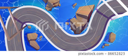 Road or bridge top view, winding highway over sea 86652823