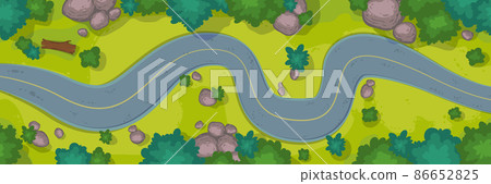 Top view of winding car road, grass and bushes 86652825