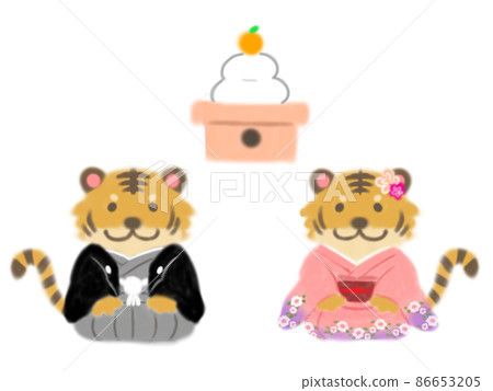 Kimono tiger and kagami mochi Kimono tiger and kagami mochi 86653205
