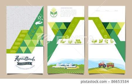 Collection of templates for agricultural brochures with tractor, fields, farm 86653584