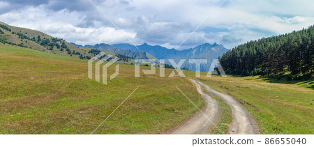 View in Mountains. Road to Shenako village from Diklo in Tusheti region 86655040