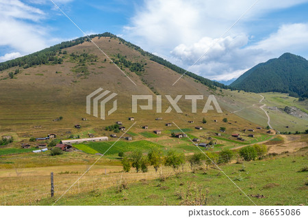 View in Mountains. Road to Shenako village from Diklo in Tusheti region 86655086