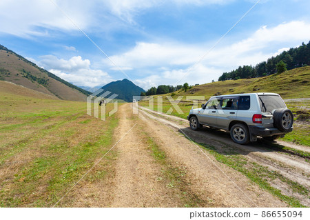 View in Mountains. Road to Shenako village from Diklo in Tusheti region 86655094