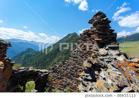 uins of an old stone fortress. Old Diklo, Tusheti, Georgia uins of an old stone fortress. Old Diklo, Tusheti, Georgia 86655113