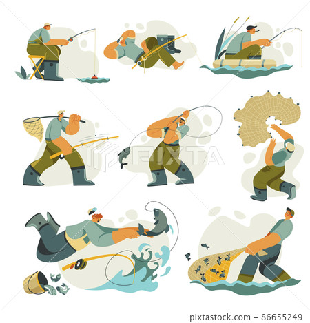 Fishing man with rod and net catching fish vector 86655249