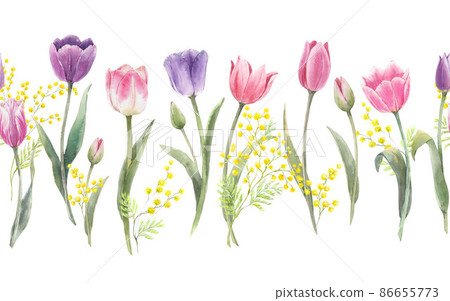 Beautiful seamless horizontal floral pattern with watercolor spring flowers. Stock illustration. Beautiful seamless horizontal floral pattern with watercolor spring flowers. Stock illustration. 86655773