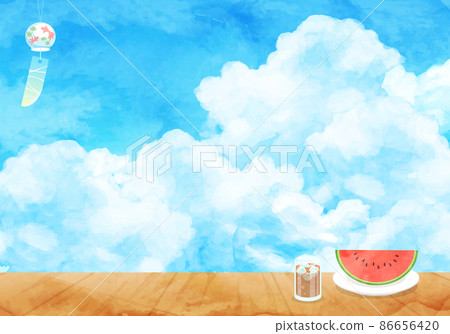Watercolor vector illustration background of blue sky, cumulonimbus and porch 86656420