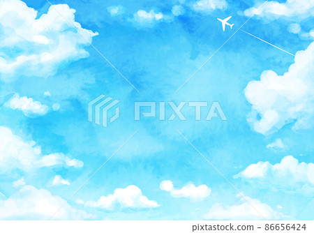 Watercolor vector illustration background of blue sky, contrails and cumulonimbus 86656424