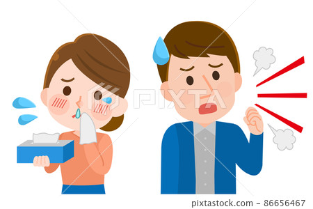 Illustrations of men and women with symptoms of hay fever virus allergy, runny nose and cough Illustrations of men and women with symptoms of hay fever virus allergy, runny nose and cough 86656467