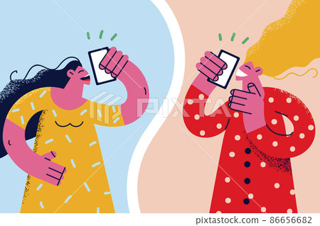Smiling girls talk on smartphone call  86656682