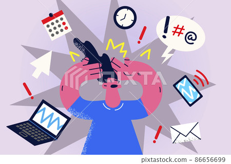 Stressed businesswoman overwhelmed with work tasks  86656699