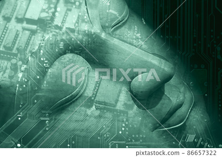 AI Digital computer science technology inside people concept. Human being face overlay with silicon chip and electric circuit for futuristic art. AI Digital computer science technology inside people concept. Human being face overlay with silicon chip and electric circuit for futuristic art. 86657322