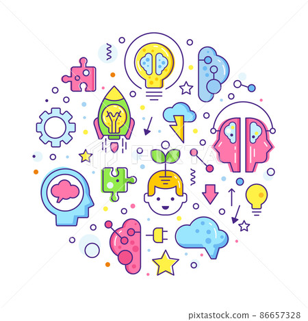Brain and Creative Mind Design with Line Icon Arranged in Circle Vector Template Brain and Creative Mind Design with Line Icon Arranged in Circle Vector Template 86657328