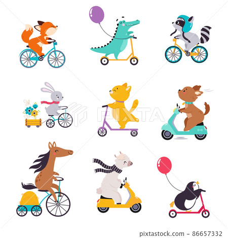 Cute Animal Character Riding Bike and Scooter Vector Set Cute Animal Character Riding Bike and Scooter Vector Set 86657332