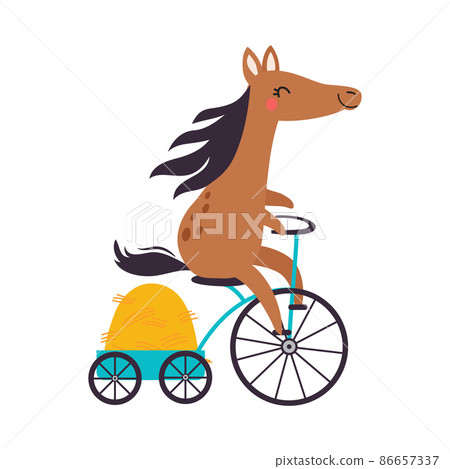 Cute Horse Biking or Cycling Riding Bicycle Pulling Trolley with Hay Vector Illustration 86657337