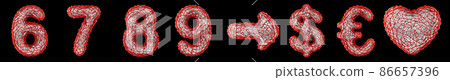 Symbol collection 6, 7, 8, 9, arrow, dollar, euro and heart made of red plastic. 3d rendering 86657396