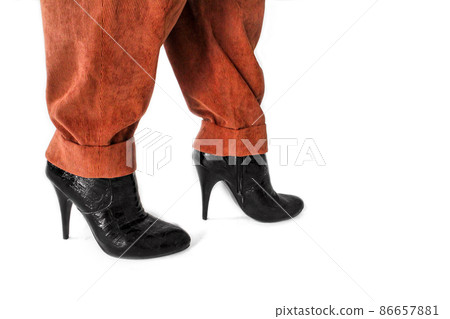 The legs of a woman in heels, dressed in trousers and ankle boots. The legs of a woman in heels, dressed in trousers and ankle boots. 86657881