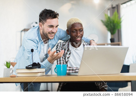 Two loving gays smiling while looking at laptop screen 86658094