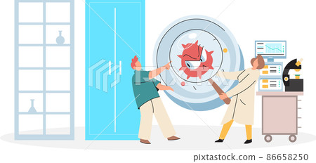 Scientist conducts researches, virology in lab, holding vaccine, syringe and wearing medical suit 86658250