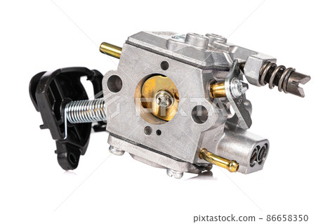 new aluminum carburetor close-up on a white isolated background new aluminum carburetor close-up on a white isolated background 86658350