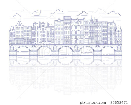 Amsterdam old style houses. Typical dutch canal homes lined up near a canal in the Netherlands. Building and facades on bridge. Vector outline illustration. 86658471
