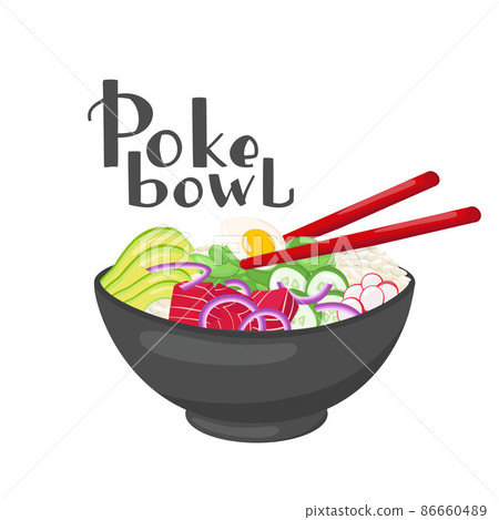 Tuna poke bowl illustration Hawaiian cuisine with handwritten lettering. Vector stock illustration isolated on white background for menu fast food restaurant with healthy, bio, organic meals. EPS10 86660489