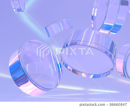 Abstract geometric purple background with shiny glass cylinders and dispersion rainbow light, crystal clear rounds in shape of pucks or coins, glossy translucent circles with reflections, 3d render Abstract geometric purple background with shiny glass cylinders and dispersion rainbow light, crystal clear rounds in shape of pucks or coins, glossy translucent circles with reflections, 3d render 86660847