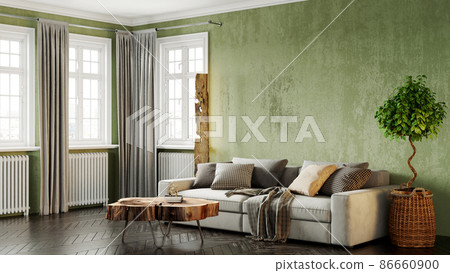 Beautiful interior of a modern room. Bright and clean design. A sofa standing by a large window against a wall background. 3D rendering 86660900